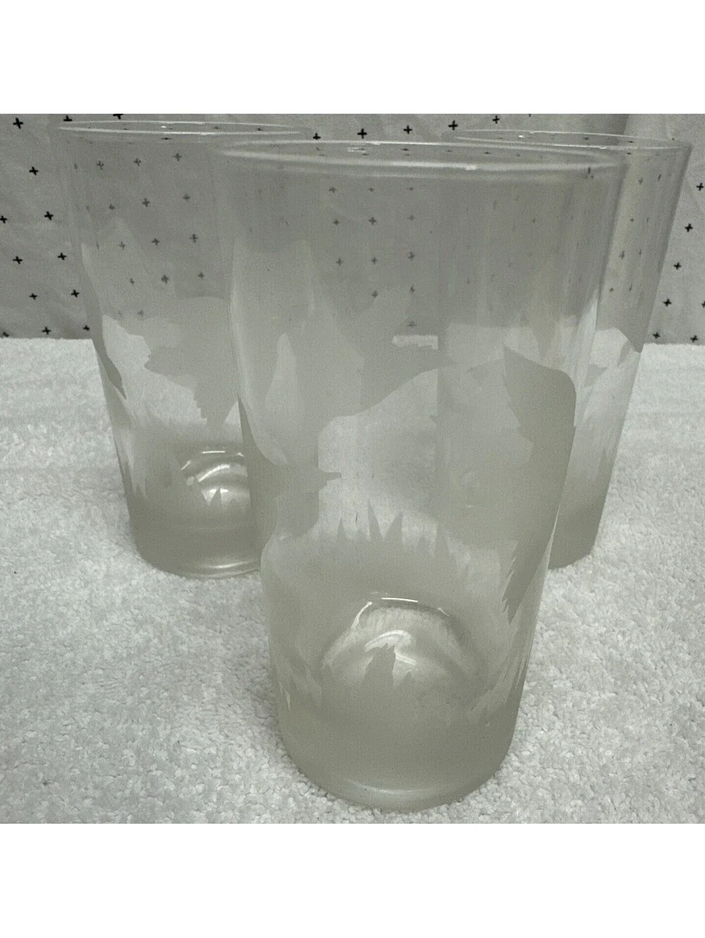 Vintage Etched Frosted Glass Flying Game Bird Drinking Glasses Set Of 3